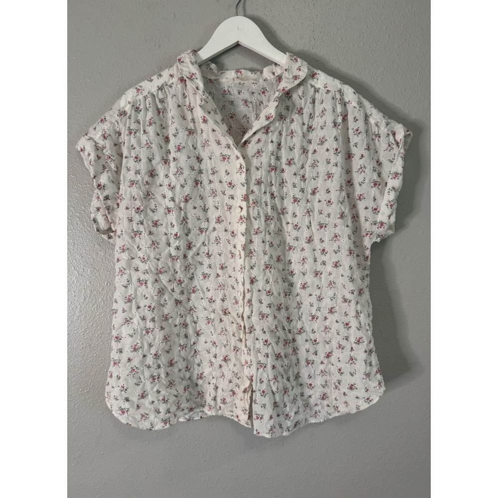 Cottagecore Eyelet Ditsy Floral Button Front Blouse White Pink Oversized XL Boho